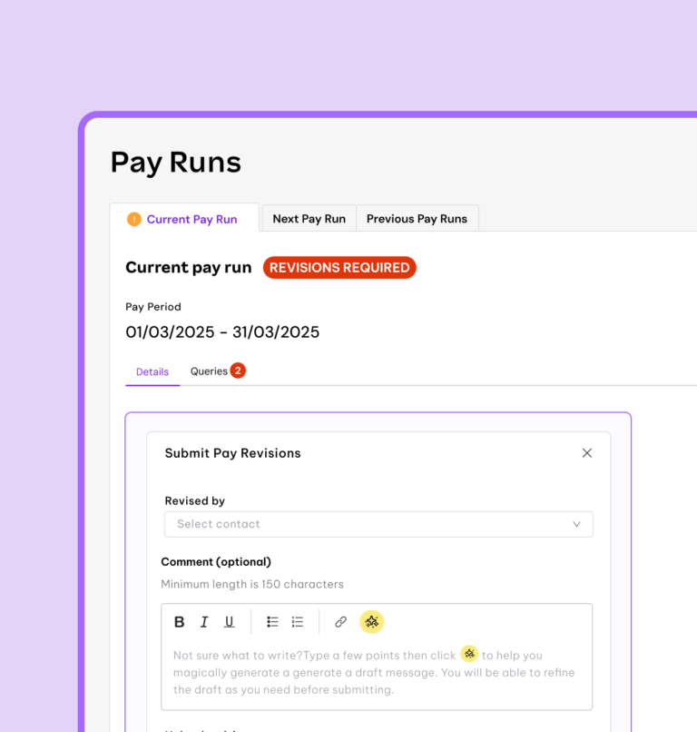 Pay Runs screen showing a current pay run marked Revisions Required with two open queries, and a Submit Pay Revisions panel with AI-assisted comment drafting