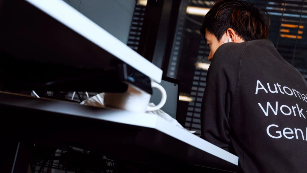 A person in a black sweatshirt sits focused at a desk computer inside a dimly lit workspace.