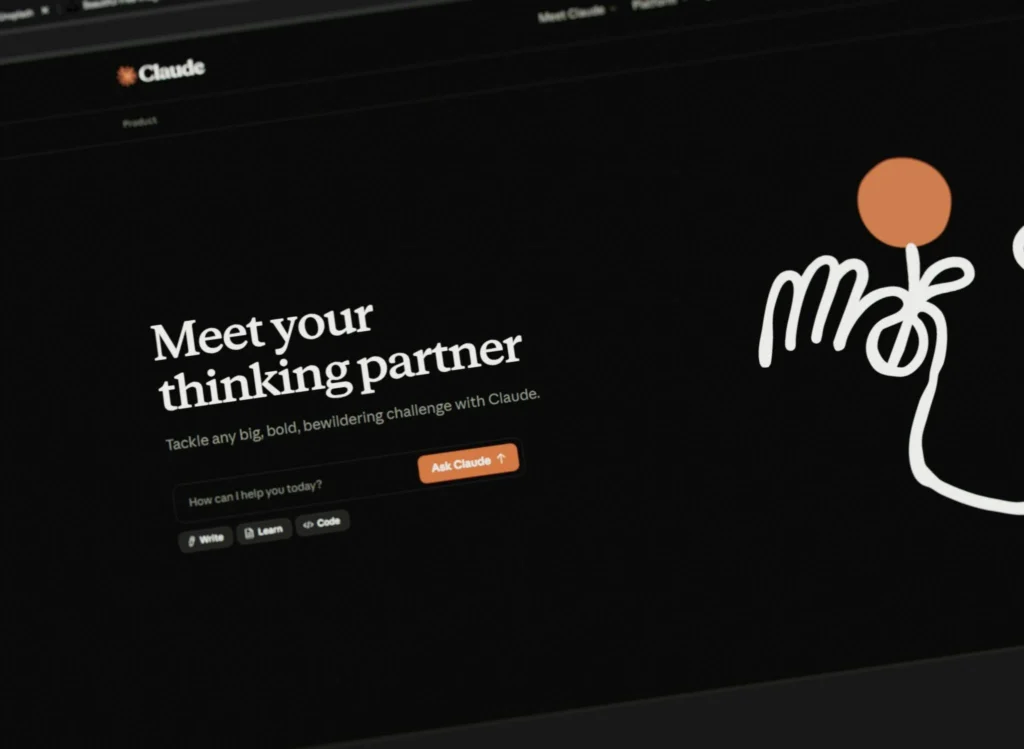 A laptop screen displaying the Anthropic Claude AI landing page with the bold headline "Meet your thinking partner.