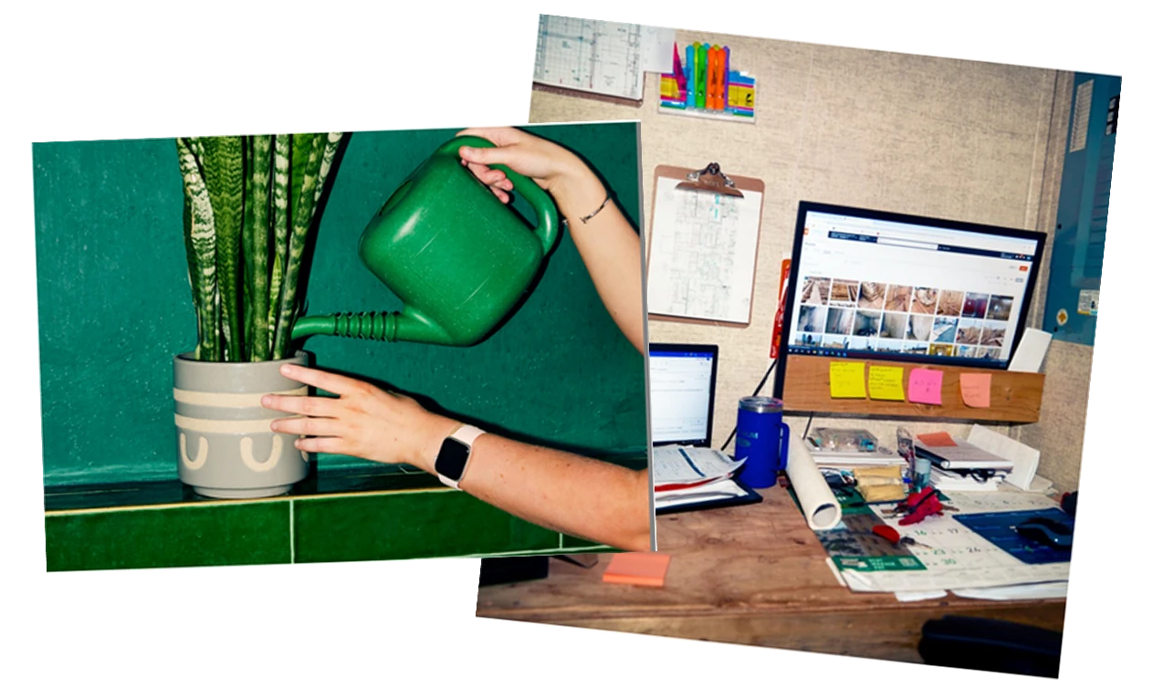 A collage of someone watering a desk plant beside a busy workspace with sticky notes and screens