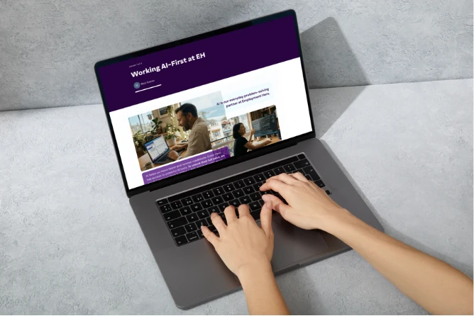 The Working AI-First at EH learning program open on a laptop