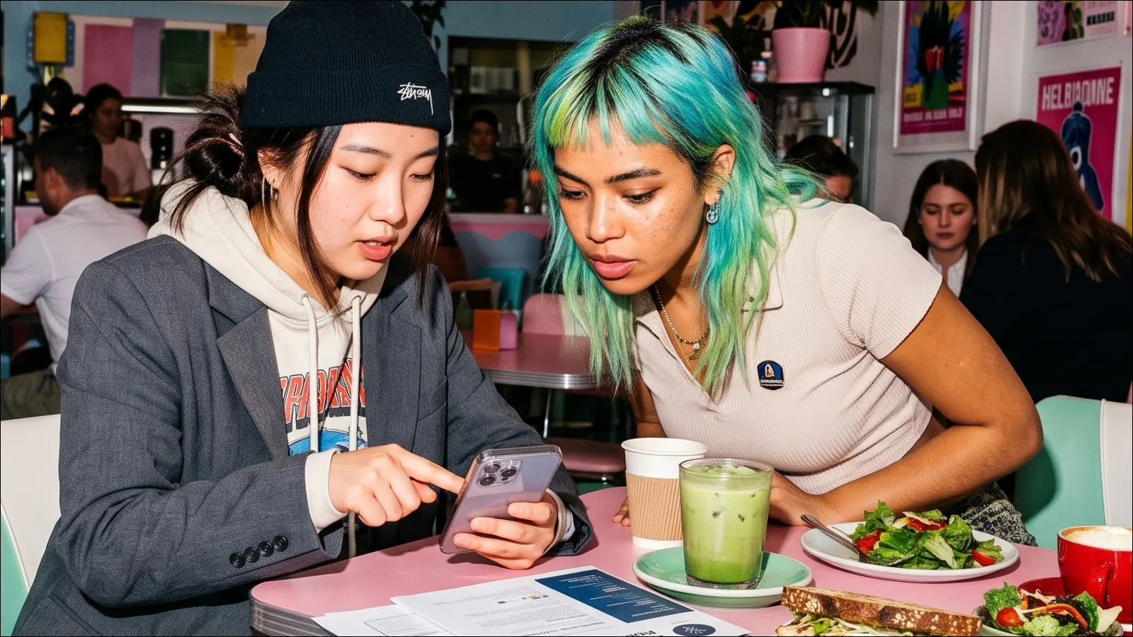 Two young women sit at a pink cafe table, intently looking together at a smartphone displaying a screen.