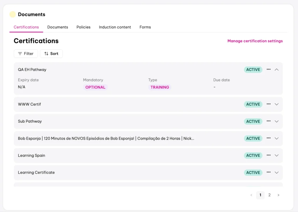 People management dashboard with a left navigation menu and a table of six employees showing names, roles, active status, and review dates; clean, functional layout.