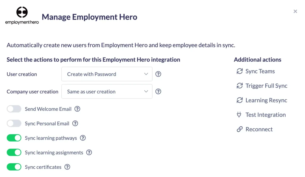 Employment Hero integration settings screen showing user creation options and sync toggles for learning pathways, assignments, and certificates, plus additional sync actions.