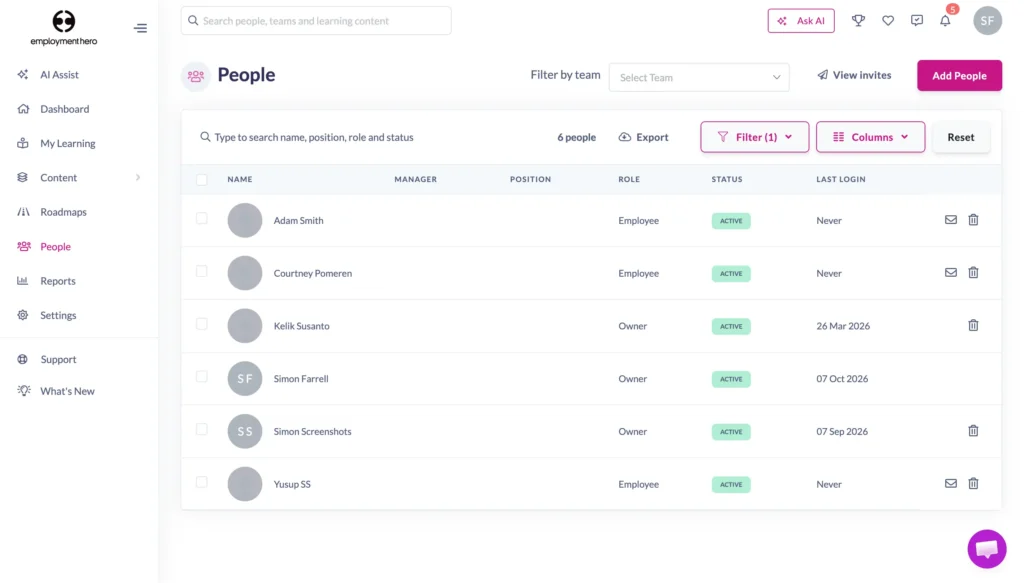People management dashboard with a left navigation menu and a table of six employees showing names, roles, active status, and review dates; clean, functional layout.