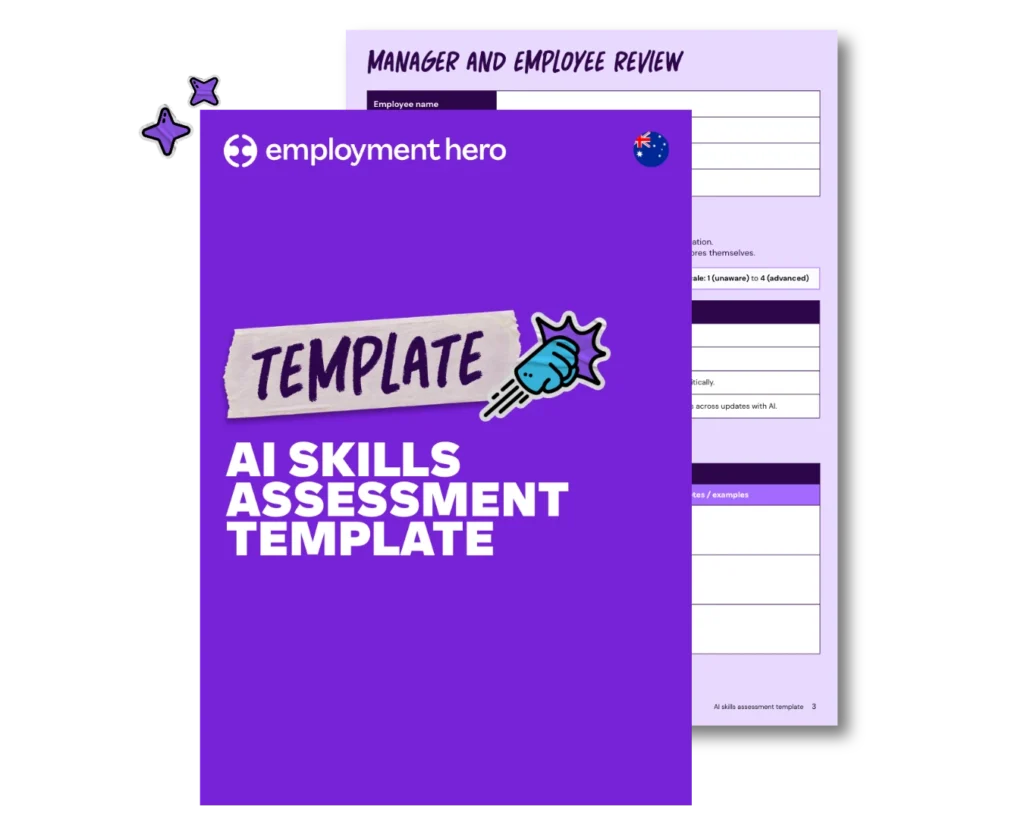 A purple Employment Hero graphic previewing an Australian "AI SKILLS ASSESSMENT TEMPLATE" document layout.