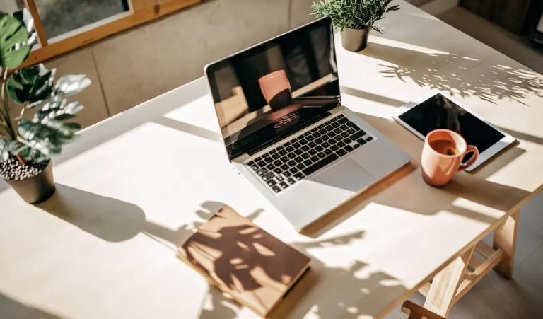 A sunlit wooden desk viewed from above, featuring an open laptop, a coffee mug, a tablet, a closed notebook, and potted plants.