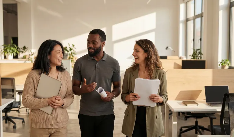 Three smiling colleagues walk and talk together through a brightly lit modern office while holding papers and a laptop.