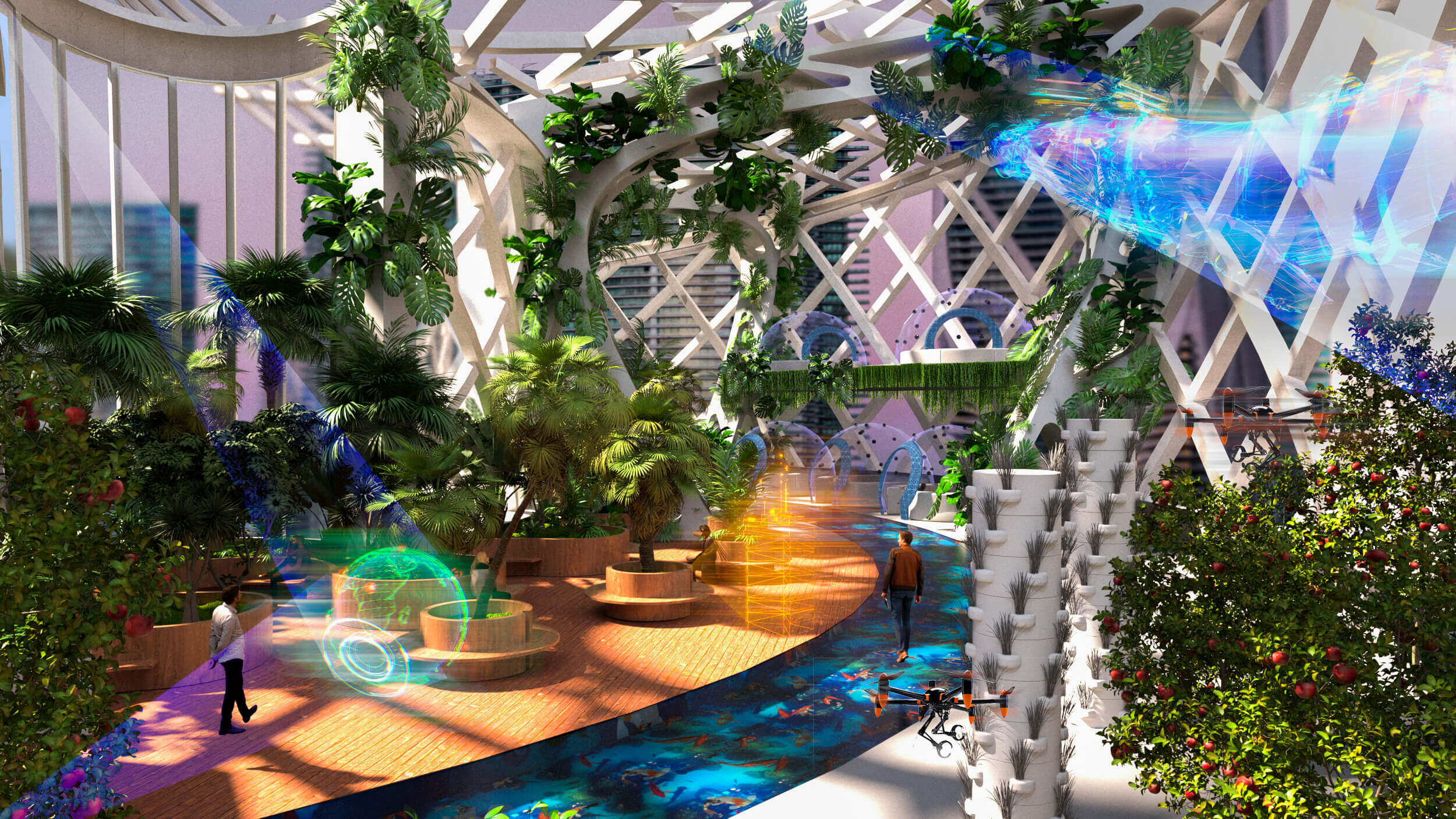 Futuristic workspace with green elements, water underfoot and people working on virtual screens