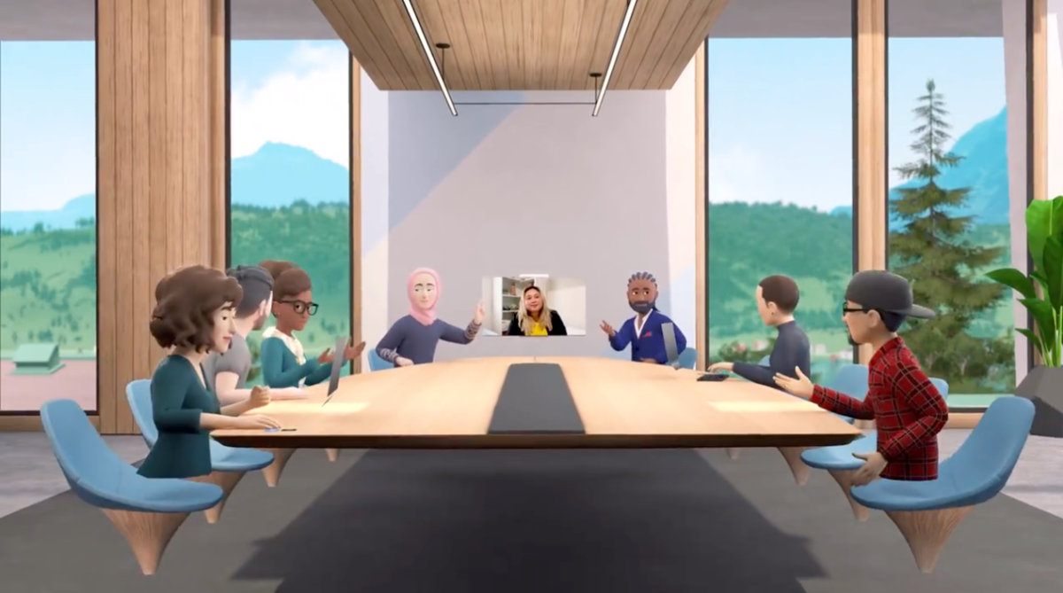 Avatars having a virtual reality meeting around a 'table' with green spaces outside windows